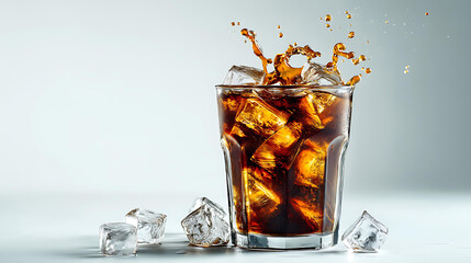 Cocktail Glass with Ice and Fizzy Amber Carbonated Beverage Splashing Against Blurred Background