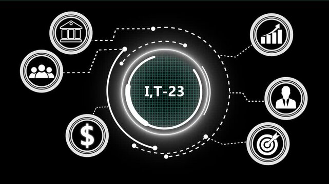 I,T-23 business concept on a flashing computer monitor. Business, Technology and network concept.I,T-23 business concept on black background with alpha channel. 4k video animation