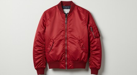 鮮やか赤色 光沢輝く MA1ジャケット 上品な質感. AI Generated