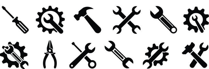 Tool Icon Set, Vector Repair Equipment Silhouettes, Maintenance Symbols, Black and White Workshop Tools, Construction Gear Icon Collection