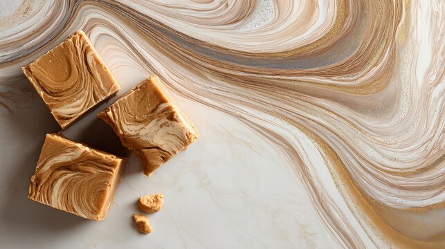 Delicious squares of creamy peanut butter fudge placed on a marble surface with swirling peanut butter inspired patterns. AI generated concept image for Peanut Butter Lovers Month.