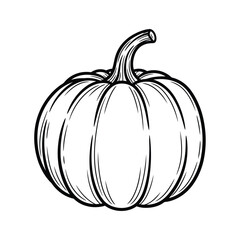 Black and white line art illustration of a single pumpkin with a stem, depicted in a simple, clean outline style.