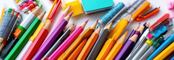 A colorful array of assorted stationery items are strewn on a white surface; pencils, erasers, rulers and other items filling the frame