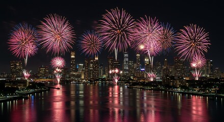 Fireworks over New York City skyline at night