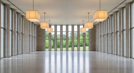 Elegant Modern Hall with Natural Light and Serene Garden View