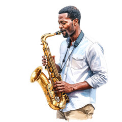 African American Man Playing Golden Saxophone Watercolor Style.