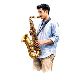 Fototapeta premium Asian Man Playing Golden Saxophone Musical Instrument Watercolor Style Illustration.
