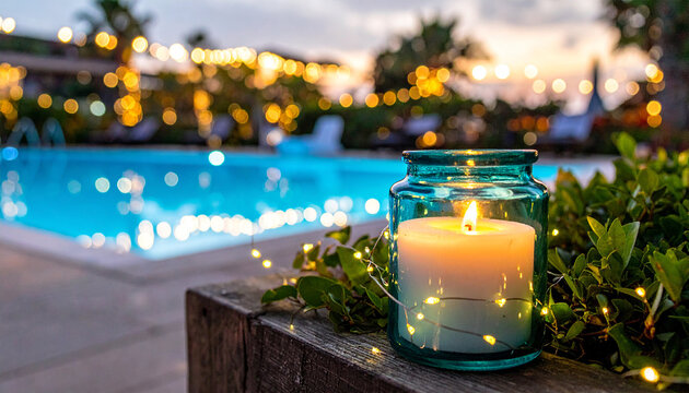 Evening Ambience: A serene evening scene with a soft candle flame casting a warm glow amidst the calm atmosphere near a swimming pool. Soft bokeh lights adds a touch of luxury.