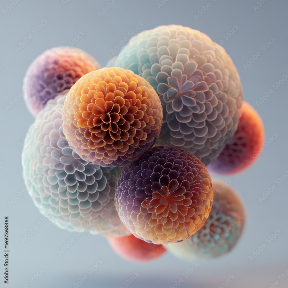 Poster colorful abstract spheres with intricate patterns floating in air against a soft gradient background