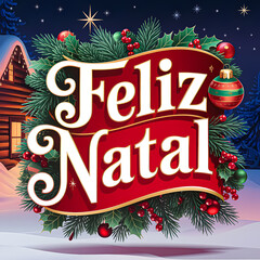 Feliz Natal Christmas Greeting With Pine Wreath And Ornaments merry christmas holiday