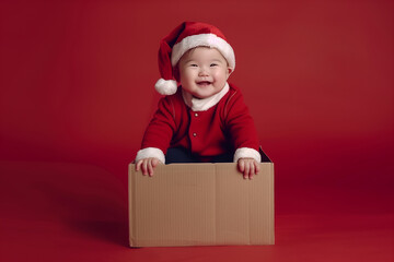 Asian child in Santa hat sitting inside a brown box, enjoying festive moment