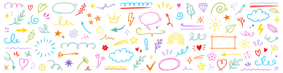 Line icon cute element set. Doodle line color icon decorative arrow, cloud, crown, sparkle and flower. Hand drawn heart, sketchy figure, funny outline and cartoon ribbon for kids. Vector illustration