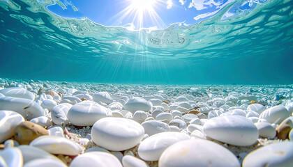 Underwater World of Pebble Beach: Sun-kissed scene where a vibrant underwater world unfolds, revealing a tranquil seabed of smooth, white pebbles basking beneath the sun's radiant light. 