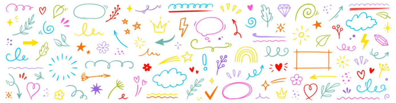 Naklejki Line icon cute element set. Doodle line color icon decorative arrow, cloud, crown, sparkle and flower. Hand drawn heart, sketchy figure, funny outline and cartoon ribbon for kids. Vector illustration