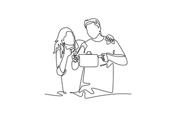 young couple cooking together. Cooking Family concept. Single line draw design. Vector graphic illustration