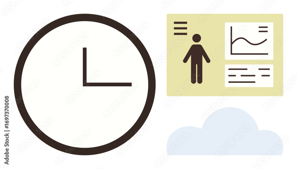 Poster clock representing time next to a dashboard showing data graphs, figures, and human figure graphic. 