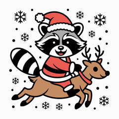 Christmas Raccoon Riding Reindeer with Snowflakes