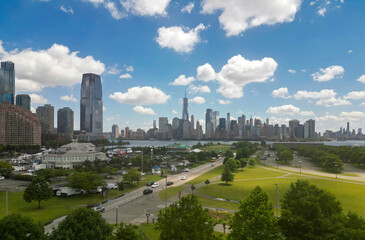 Fototapeta premium Manhattan skyline, New York, United States. Aerial view of New York city skyscrapers in Manhattan. USA NYC. NY city. Lower NYC skyline. New York cityscape. America, New York City above. NYC landmark.