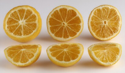Obraz premium Six lemon halves, three whole, three cut, on white, show segmented pulp and rind detail. Minimal shadows