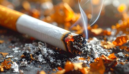 a close-up shot of a cigarette slowly burning, with the focus on the glowing tip and ashes forming at the end