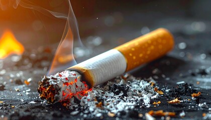 a close-up shot of a cigarette slowly burning, with the focus on the glowing tip and ashes forming at the end