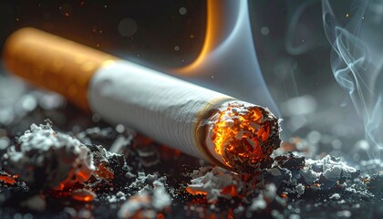 a macro photo of a cigarette filter with ash about to fall, highlighting the textures and burn marks in sharp focus