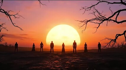 A haunting Halloween gathering under a fiery sunset, where mysterious figures stand silhouetted amidst the gnarled branches of ancient, barren trees, creating an eerie, dramatic scene