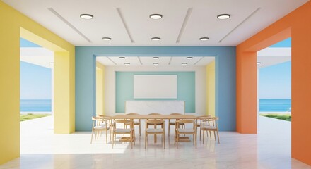 Bright Modern Meeting Room with Ocean View, Colorful Walls