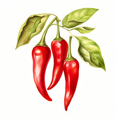 Red chili hot pepper bush watercolor illustration isolated on white background.