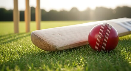 Close-up of cricket equipment, including a bat, ball, and wickets, on green grass.