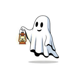 Friendly cartoon ghost holding a glowing lantern, perfect for Halloween promotions, spooky themes,...