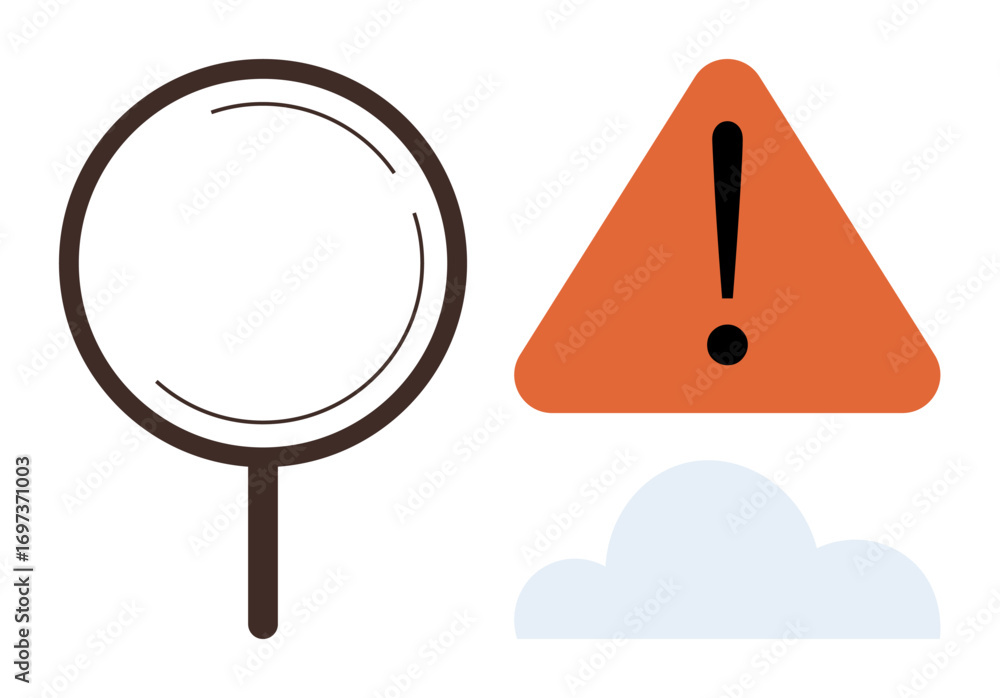 Poster magnifying glass next to a warning triangle above a cloud, symbolizing analysis, alert, risk, error 