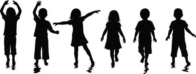 Silhouette of Happy Children Playing with Water Reflections Joyful Kids Dancing Fun Outdoor Activity Black and White Vector Illustration