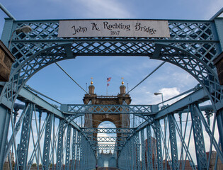 The John A. Roebling Suspension Bridge connects Cincinnati, Ohio and Covington, Kentucky.