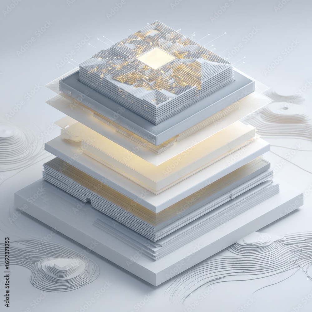 Poster abstract layered geometric shapes with illuminated elements and subtle textures in a modern digital 