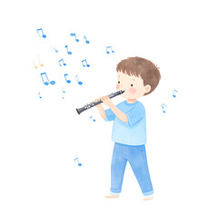 Watercolor Boy Playing Clarinet with Musical Notes Illustration.