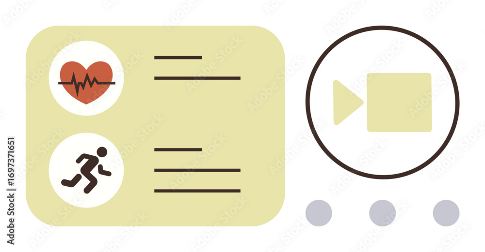 Aufkleber heartbeat and running icons beside data list, play button for video, simple ui layout. ideal for hea