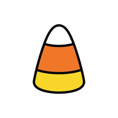 Simple cartoon illustration of a classic candy corn with white, orange, and yellow stripes and a black outline, isolated on white.