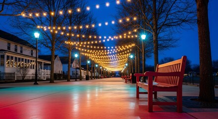 Charming Street Lights Twinkle Over Empty Park Benches at Dusk