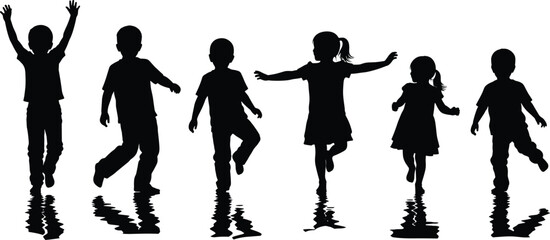 Silhouette of Happy Children Playing and Dancing with Water Reflections Outdoors Joyful Kids Activity Fun Vector Illustration