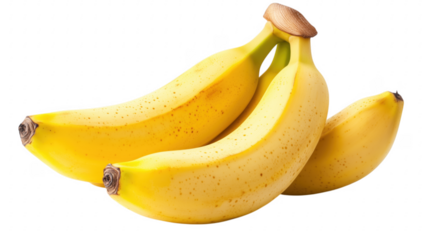 Freshly ripe yellow bananas isolated on transparent background showing detailed texture and bright colors