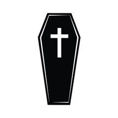 Black coffin with a white cross on a white background.