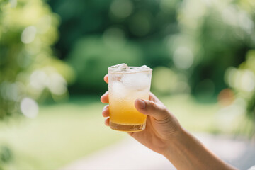 Refreshing Beverage with Condensation in Garden Light
