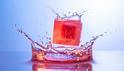 Ice Cube Splash: A dynamic splash captures the thrilling moment of an ice cube impacting the water's surface. The vivid play of light and shadow accentuates the fleeting elegance of the splash.