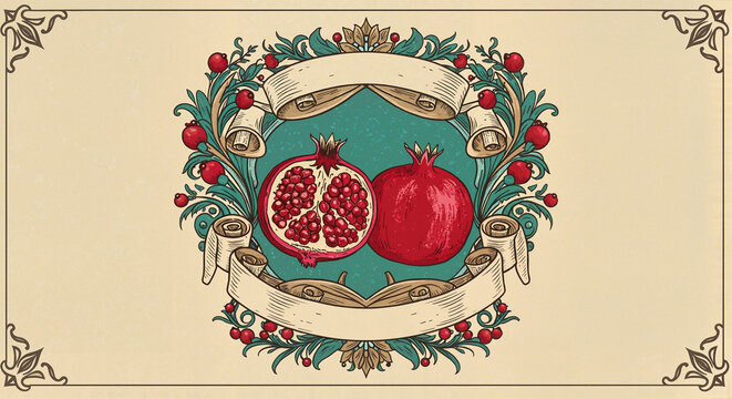 Pomegranate fruit illustration with decorative floral elements