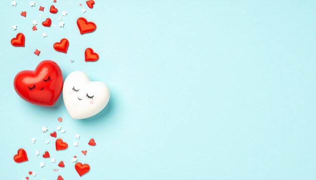 Love's Sweet Embrace: A charming composition of red and white heart-shaped candies, adorned with delicate sprinkles, conveys a sense of affection and sweetness, set against a soft pastel backdrop.