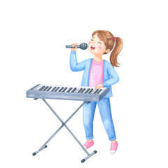 Watercolor Girl Singing and Playing Keyboard Pink Shoes Blue Outfit.