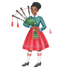 Watercolor Illustration of a Black Woman Playing Bagpipes in Scottish Attire.