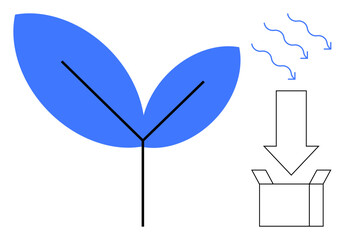 Blue leaf sprout symbolizes eco-conscious growth, paired with box and arrows for renewable resources. Ideal for sustainability, ecology, environment, recycling, packaging, eco-design, green