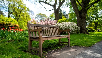 Park bench in a flower garden